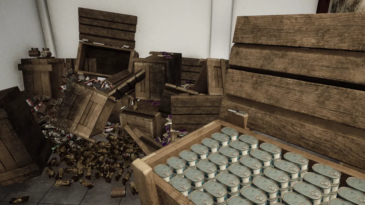 Cajas de madera abiertas llenas de conservas