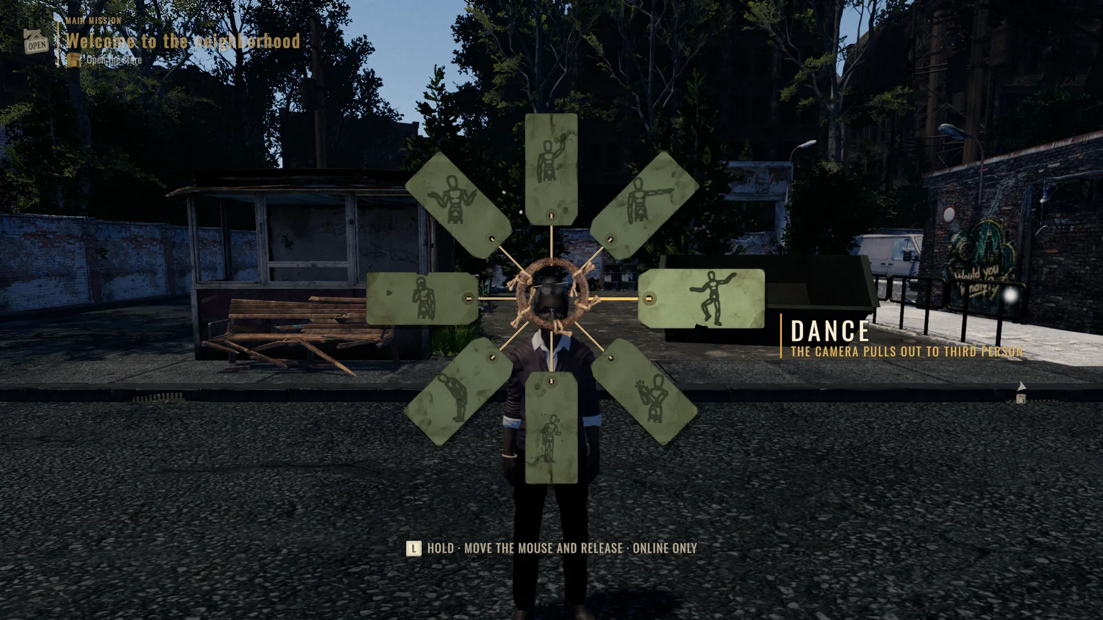 The bunch of emotes, in green card, with “Dance” selected