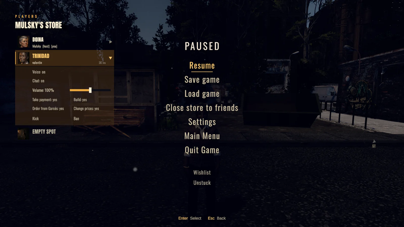 The pause menu with the player list and one player's permissions