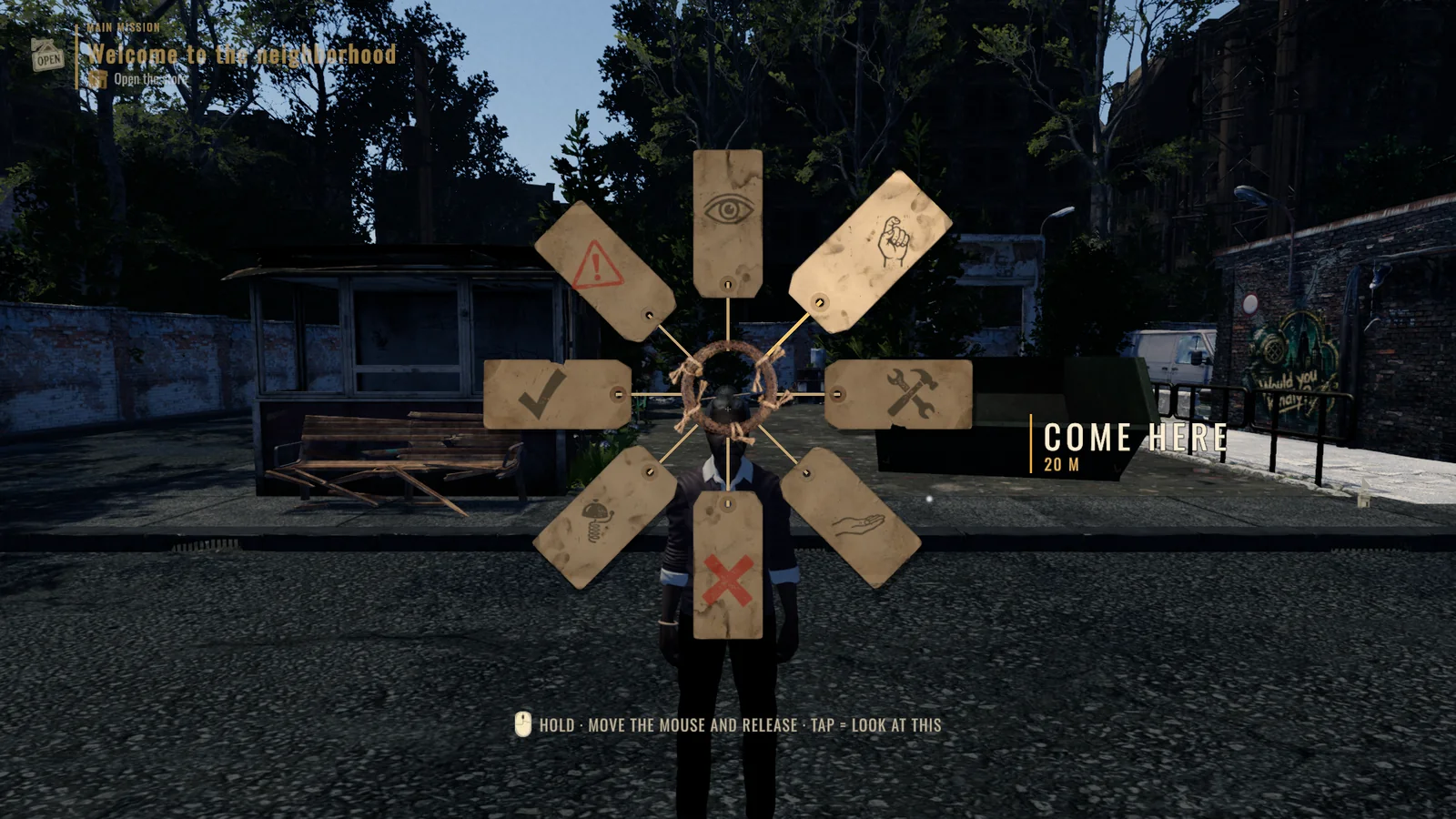 The bunch of tags open, with “Come here” selected